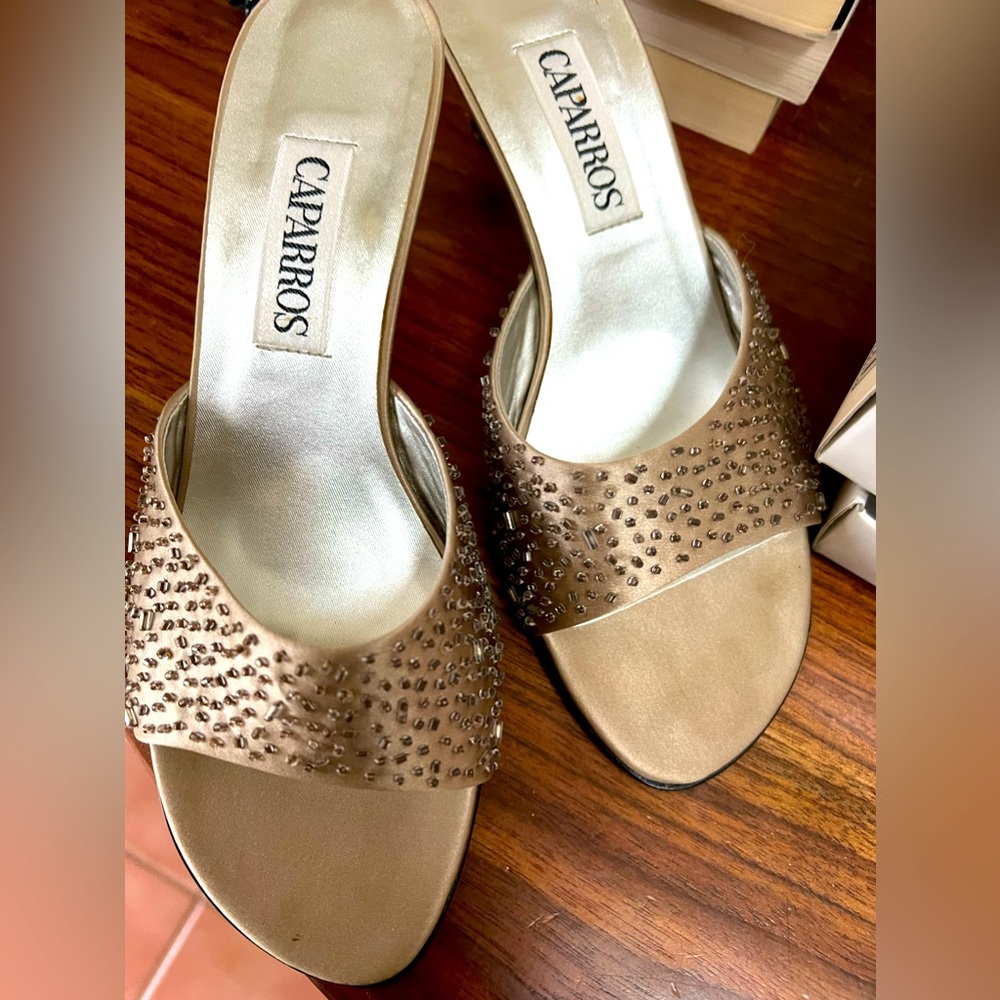 Caparros taupe silk beaded pumps size 7.5